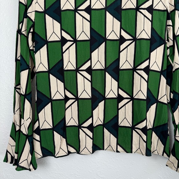 Zara green geometric button down front flare sleeve blouse 70s XS - Picture 9 of 11